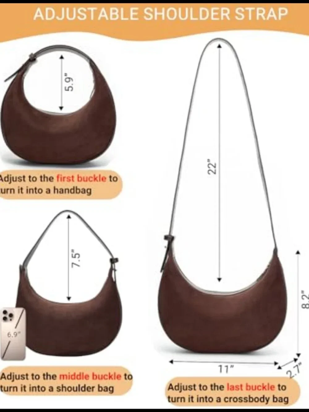 Faux Suede Leather Hobo Shoulder Crossbody Bag Adjustable Strap Zip Closure